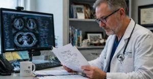 Doctor reviewing patient medical records related to cancer diagnosis