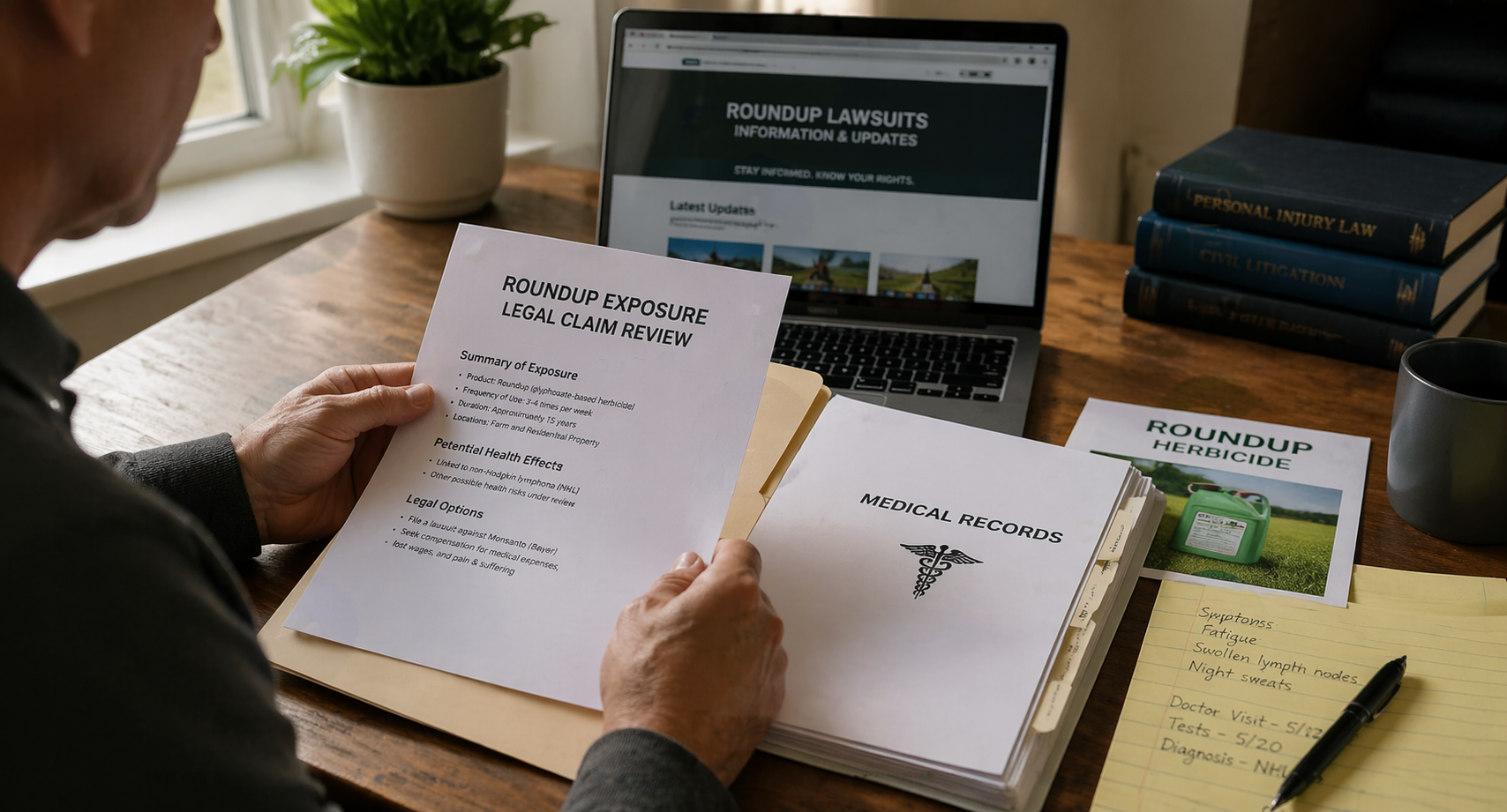 Person reviewing documents related to Roundup exposure and legal claim