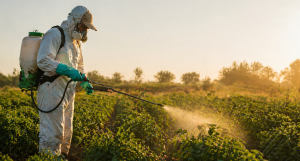 Worker using herbicide spray in agricultural setting with protective gear