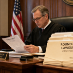 Judge reviewing case files in courtroom