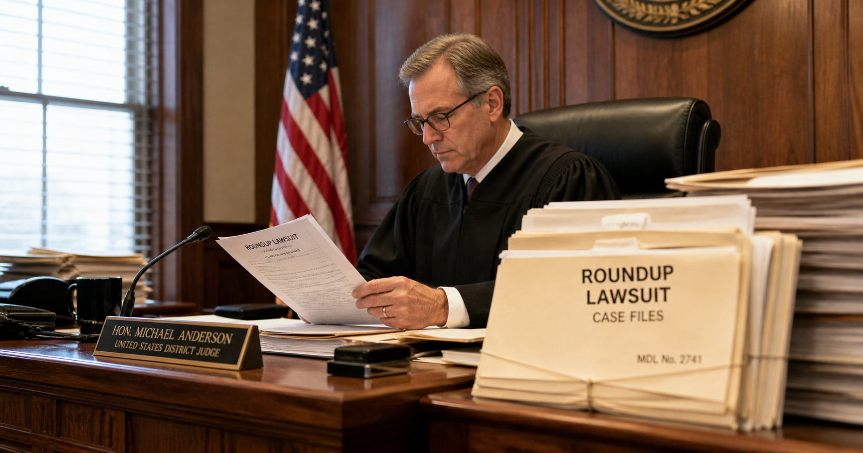Judge reviewing case files in courtroom