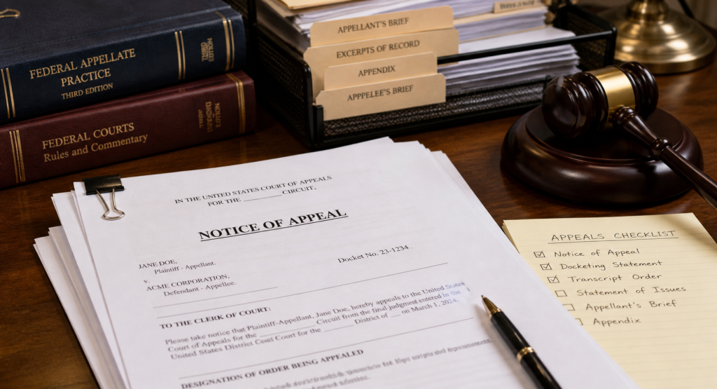 Legal appeal documents on desk