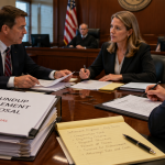 Courtroom scene showing documents and lawyers discussing Roundup settlement proposal