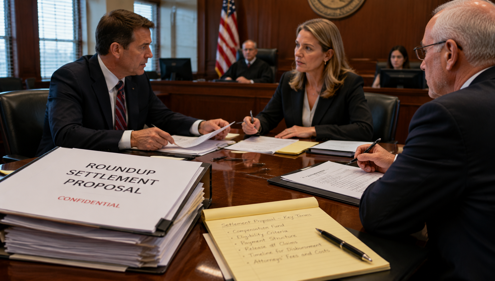 Courtroom scene showing documents and lawyers discussing Roundup settlement proposal
