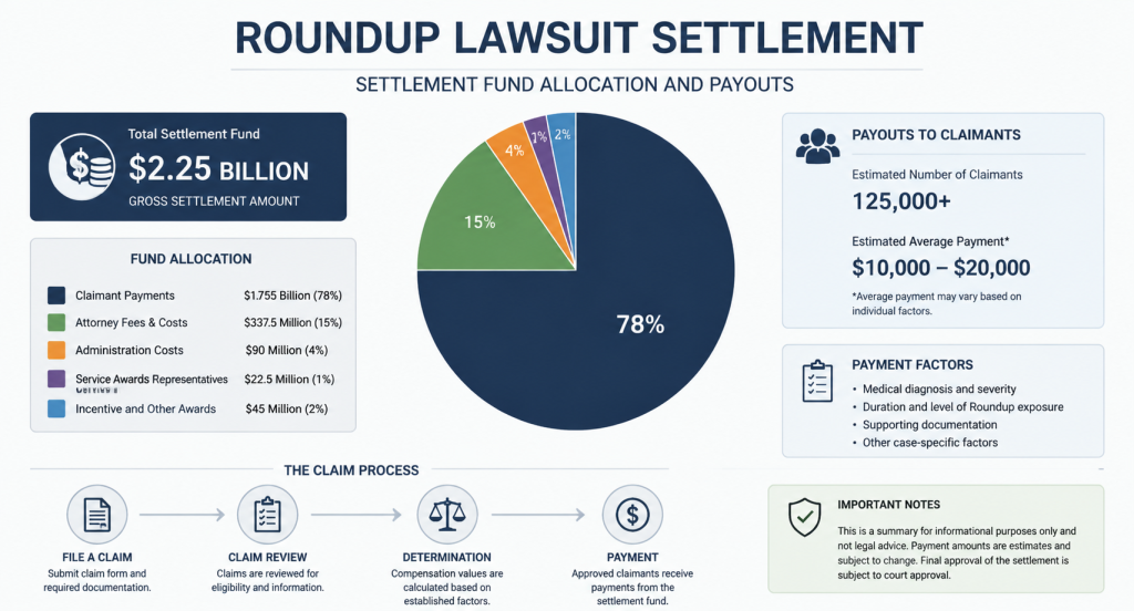 Diagram showing settlement fund allocation and payouts for Roundup lawsuit claimants