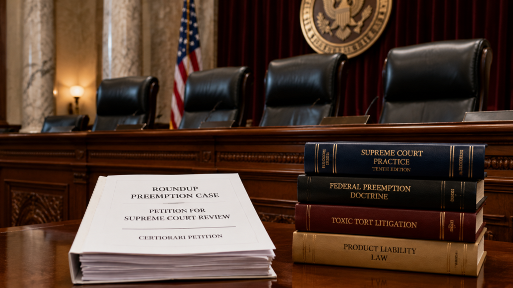 Judges bench and legal books representing Supreme Court review of Roundup preemption case