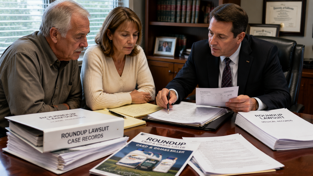 People in a legal consultation reviewing Roundup lawsuit case records and documents