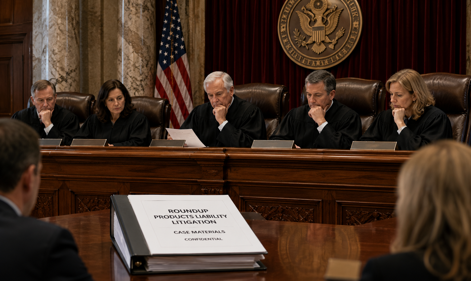 Courtroom with judges considering Roundup litigation outcomes