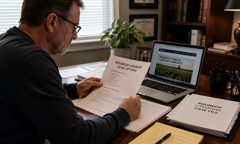 Person reviewing legal options and documents regarding a Roundup lawsuit