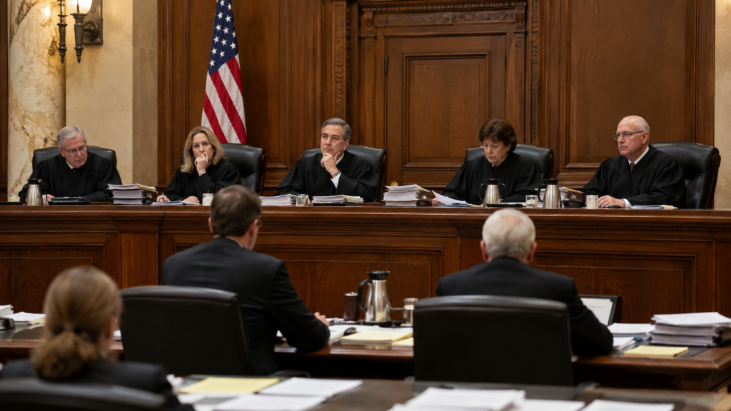 Judges seated in a courtroom reviewing issues related to Roundup litigation