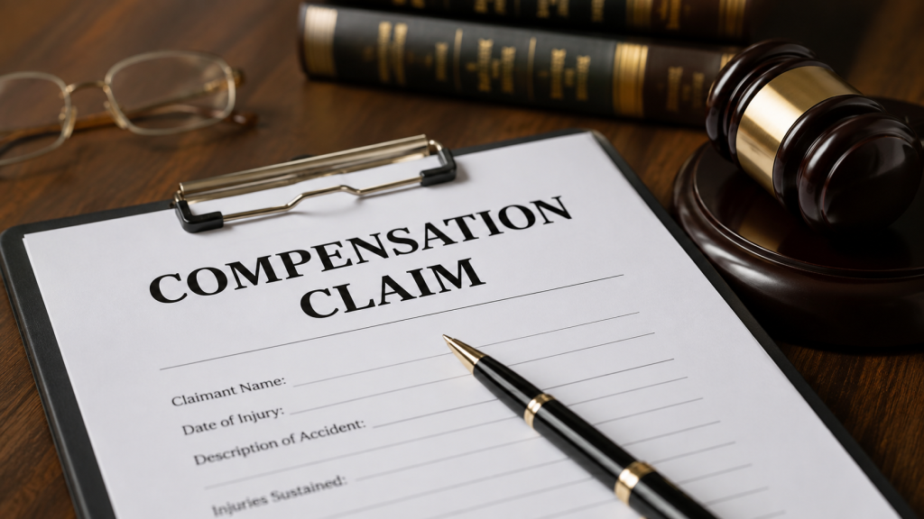 Legal compensation claim documents with a pen and gavel on an office desk